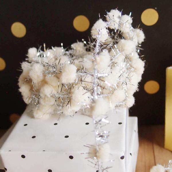 Wired Ivory Pom Poms with Silver Tinsel - 10yd