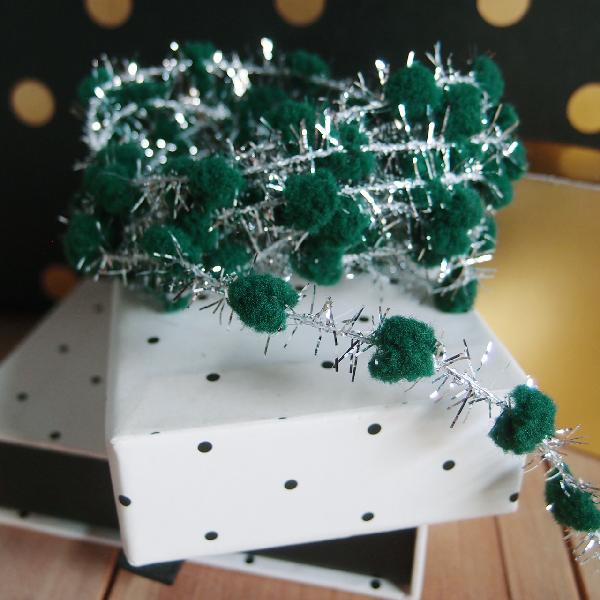Wired Green Pom Poms with Silver Tinsel - 10yd