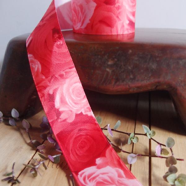 Red Rose Print Satin Ribbon -  1-1/2" x 25 yards