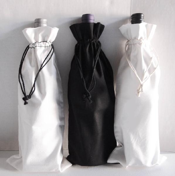 White Cotton Wine Bag with Black Drawstring - 6" x 14"