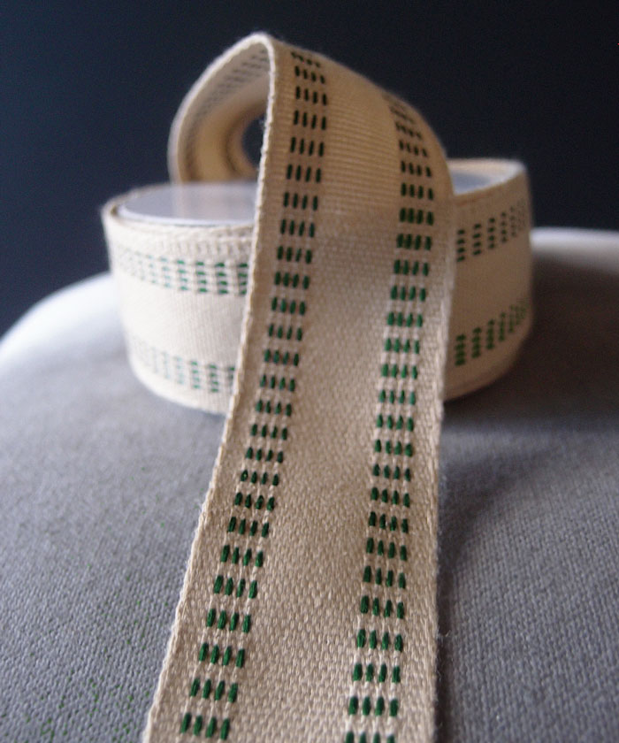 Faux Burlap Webbing with Green Stitching