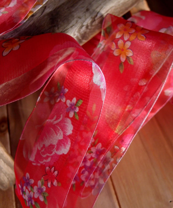 Red Sheer Floral Wired Ribbon