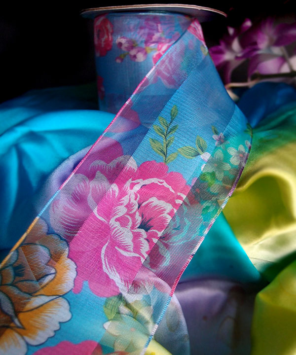 Blue Sheer Floral Wired Ribbon