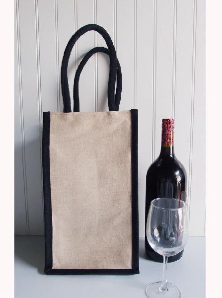 Jute Blend Wine Tote - 4 Bottle -Black Trim - 8"x8"x14"H 