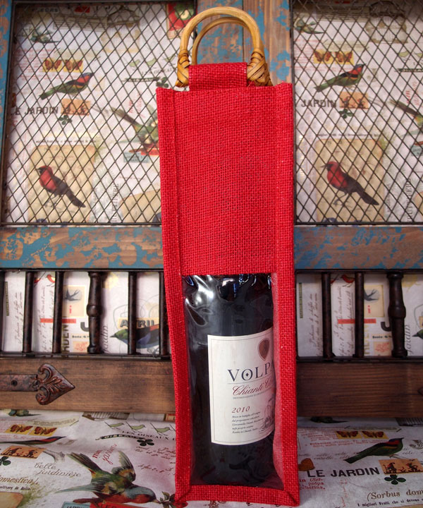 Red Jute Wine Bag Cane Handles - 4" x 4" x 14"