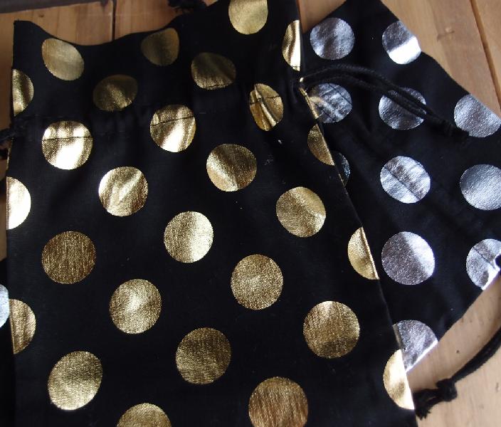 Black Cotton Wine Bag with Gold Metallic Dots  - 6" x 14"