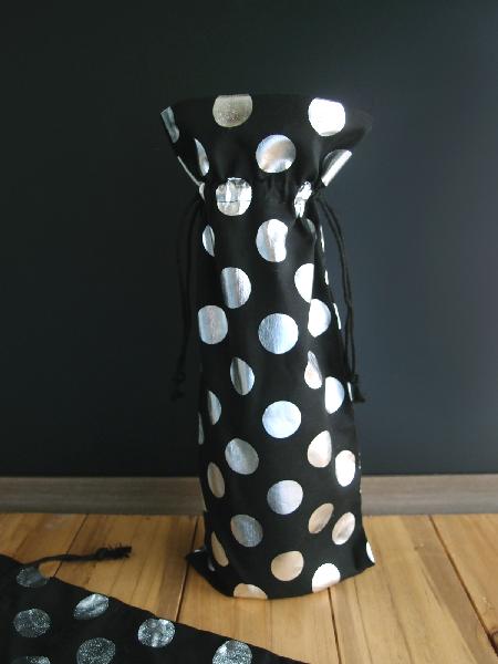 Black Cotton Wine Bag with Silver Metallic Dots  - 6" x 14"