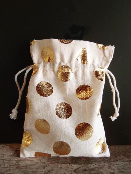 Cotton Bag with Big Gold Metallic Dots  5x7 - 5" x 7"
