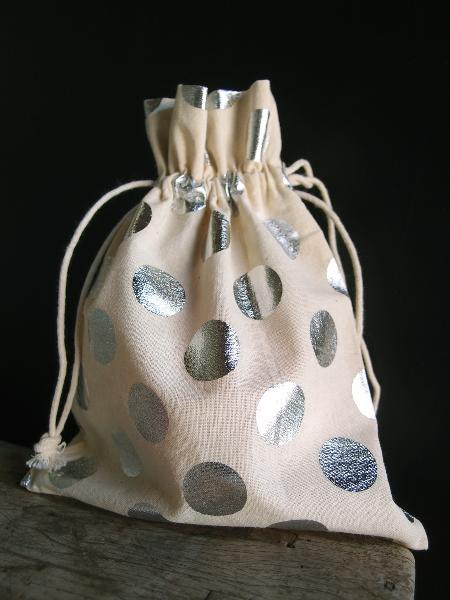 Cotton Bag with Big Silver Metallic Dots  7x9 - 7" x 9"