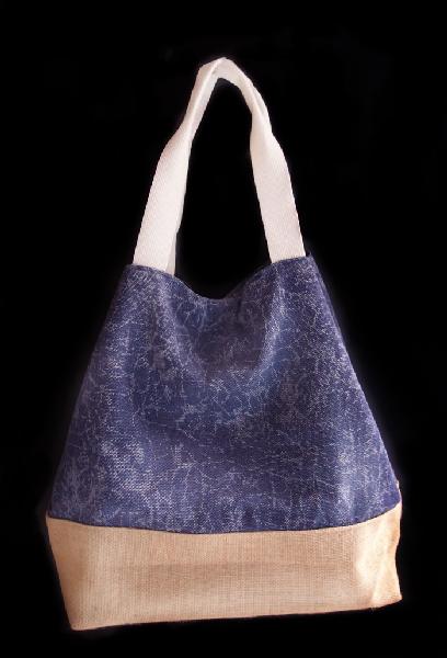 Navy Blue Washed Canvas Tote with Burlap - 14"W x 16"H x 5 ½"D