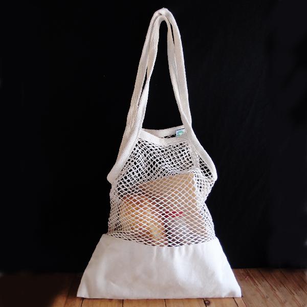 Cotton Net Drawstring Bag with Fabric Trim Bottom 15.5 x 15 - 15.5" x 16"