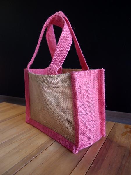 Jute Tote with Pink Trim - 8" x 6" x 4"
