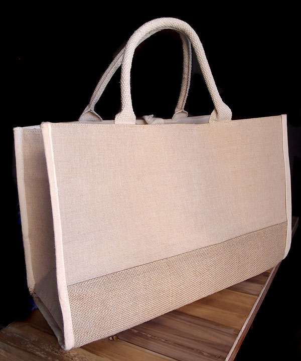 Jute Cotton Blend Tote with Natural Cotton and Burlap Accents - 17 1/2"W x 11 1/2"H x 8 1/2"D