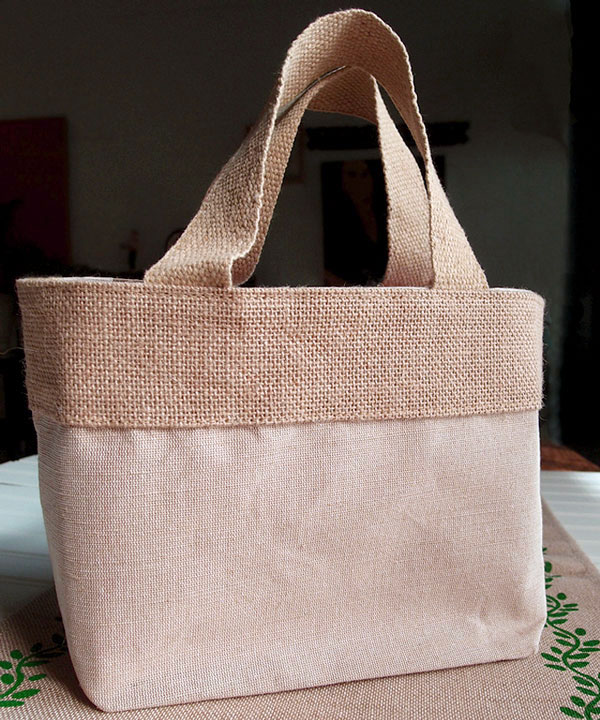 Small Jute Cotton Blend Tote with Natural Burlap Accents - 11 1/2"W x 7 1/2"H x 4 1/2"D