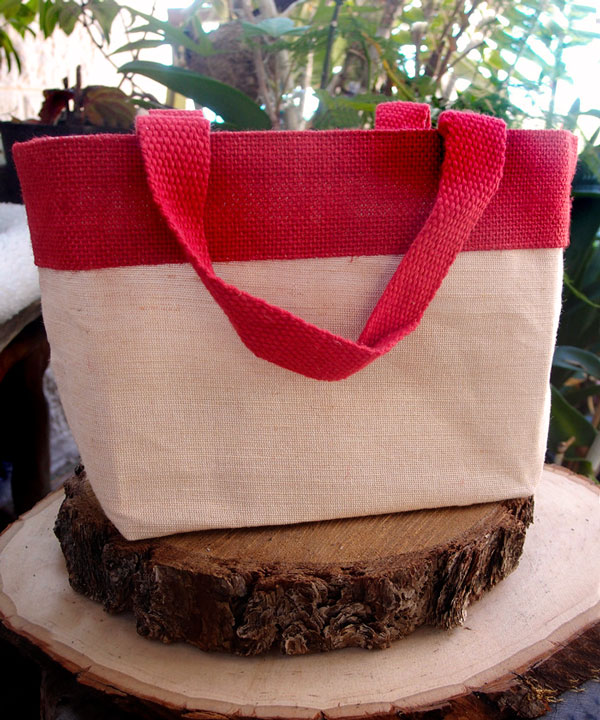 Small Jute Cotton Blend Tote with Red Burlap Accents - 11 1/2"W x 7 1/2"H x 4 1/2"D
