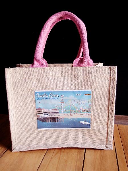 Jute Blend Tote with Pink Trim & Picture Pocket   - 10" x 8" x 5"