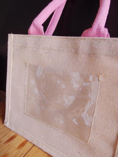 Jute Blend Tote with Pink Trim & Picture Pocket   - 10" x 8" x 5"