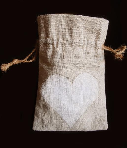 Linen Bag with White Heart Print 4x6 - 4"W x 6 "H