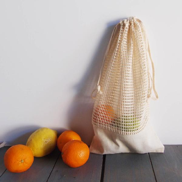 Cotton Net Drawstring Bag with Fabric Trim Bottom 6.5x12 - 6.5" x 12"