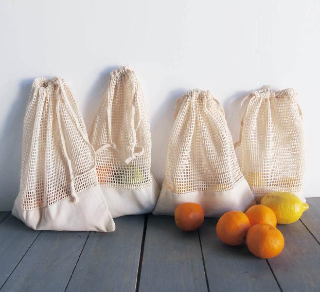 Cotton Net Drawstring Bag with Fabric Trim Bottom 6x10 - 6" x 10"