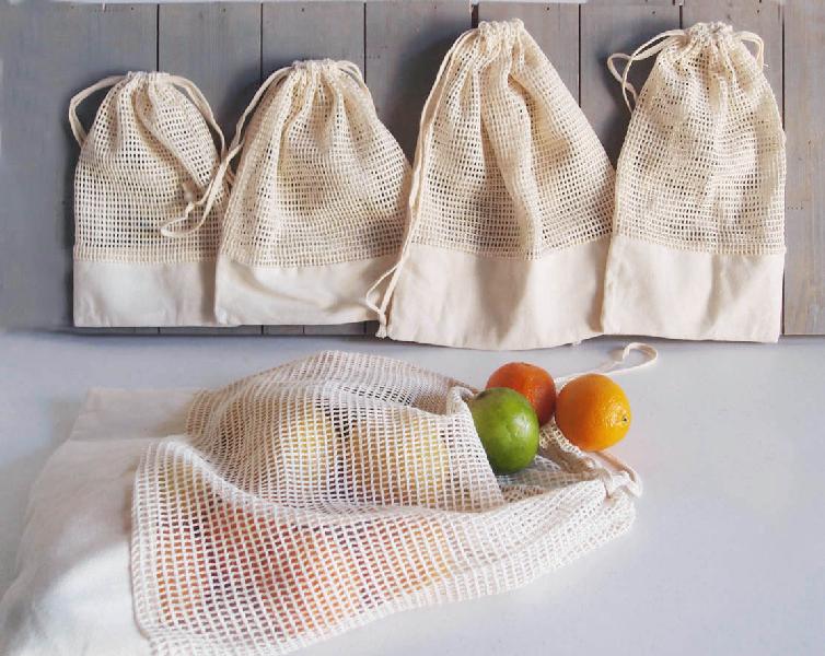 Cotton Net Drawstring Bag with Fabric Trim Bottom 10x12 - 10" x 12"