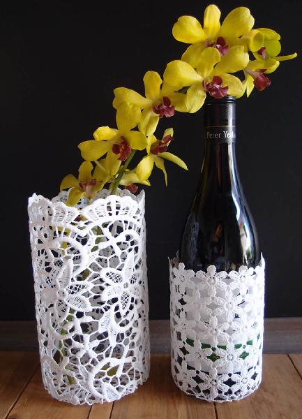 Stiffened Lace Vase & Wine Bottle Holder 5" - 3 ½"W x 5"H  