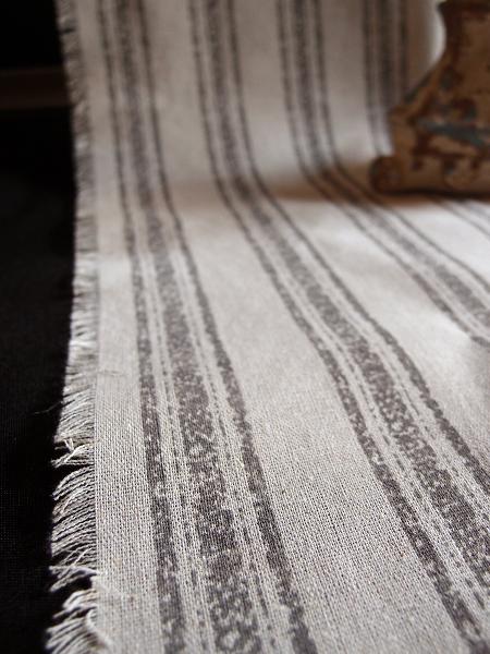 Linen Table Runner Gray Stripes with Fringed Edge - Linen Runner with Pewter Gray Stripes 14-1/2" x 108"