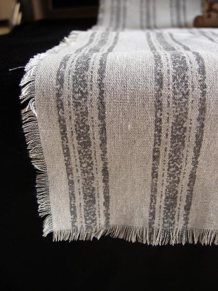 Linen Table Runner Gray Stripes with Fringed Edge - Linen Runner with Pewter Gray Stripes 14-1/2" x 108"