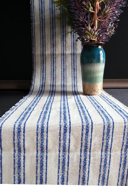 Linen Table Runner Blue Stripes Fringed Edge - 14-1/2" x 108"