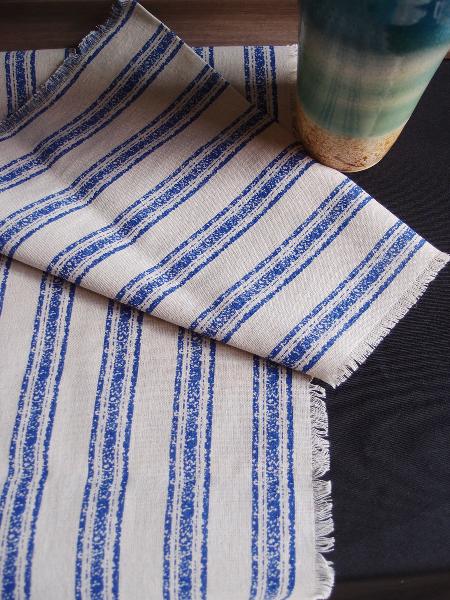 Linen Table Runner Blue Stripes Fringed Edge - 14-1/2" x 108"