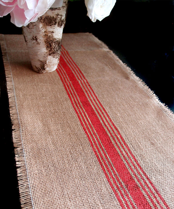 Red Striped Jute Table Runner with Fringed Edge - 108" long x 12.5" wide