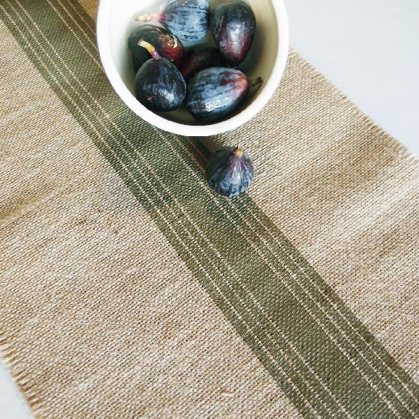 Dark Green Striped Jute Table Runner with Fringed Edge - 108" long x 12.5" wide