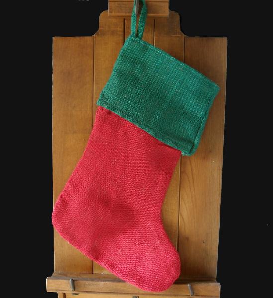 Red & Green Burlap Christmas Stocking 17 inch