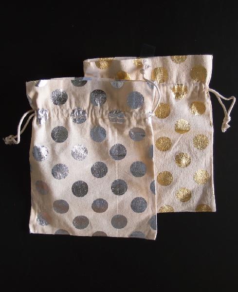Cotton Bag with Big Silver Metallic Dots  7x9 - 7" x 9"
