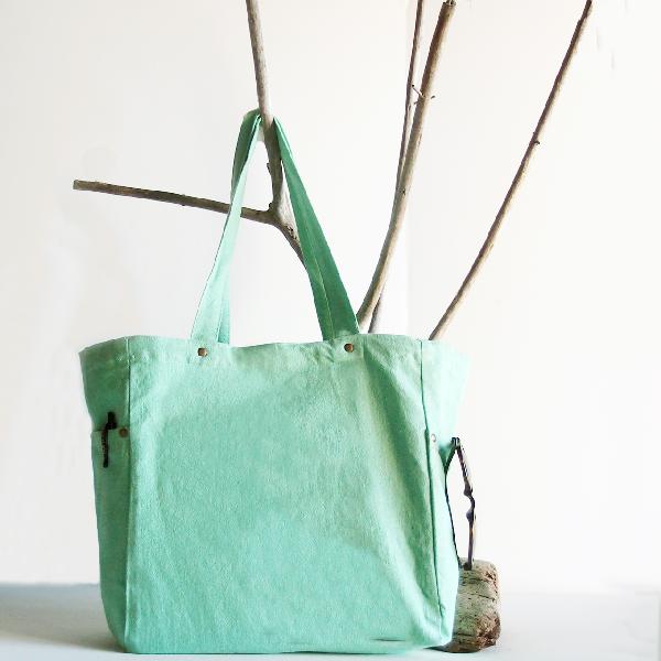 Mint Green Washed Canvas Tote Bag - 11.8" x 11.8" x 5.9"