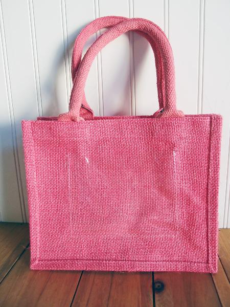 Pink Jute Tote with Picture Pocket - 10"W x 8"H x 5"D