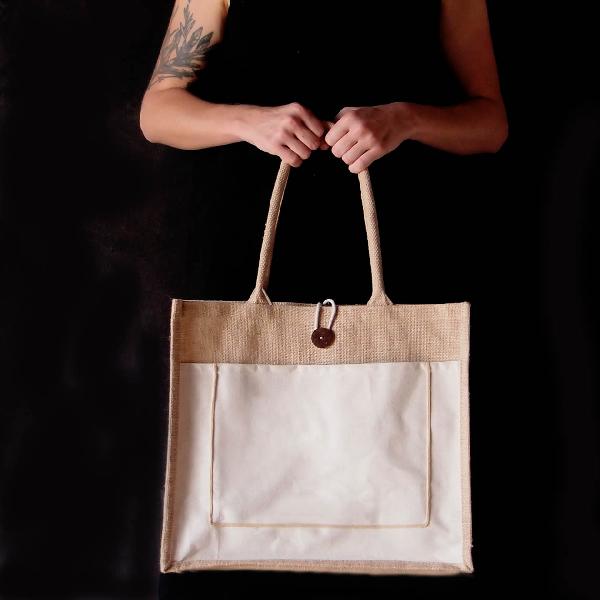 Jute Tote Bag With Canvas Pocket, 15 1/2 x 13 3/4 x 6