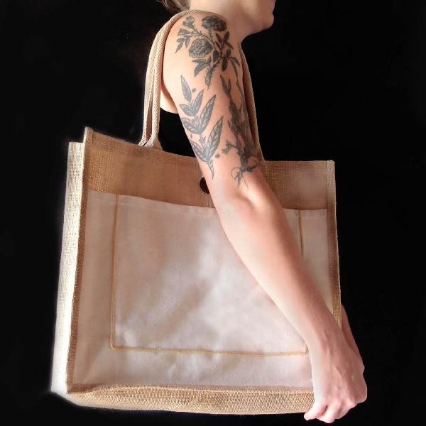 Jute Tote Bag With Canvas Pocket, 15 1/2 x 13 3/4 x 6" - 15-1/2" W x 13-3/4" H x 6" Gusset