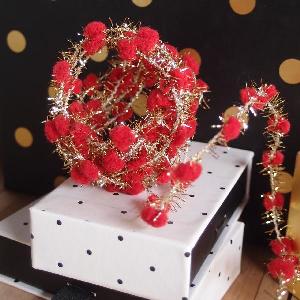 Wired Red Pom Poms with Gold Tinsel - 10yd