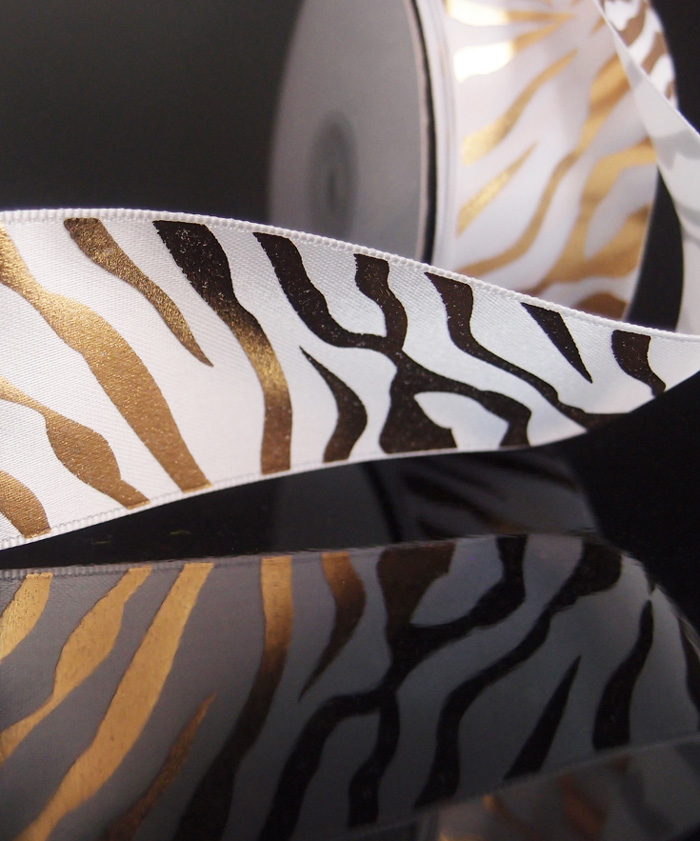 Gold Metallic Zebra Print on White Satin Ribbon