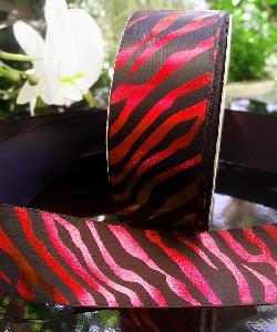 Red Metallic Zebra Print on Black Satin Ribbon