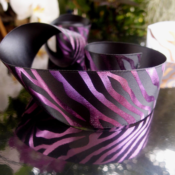 Purple Metallic Zebra Print on Black Satin Ribbon