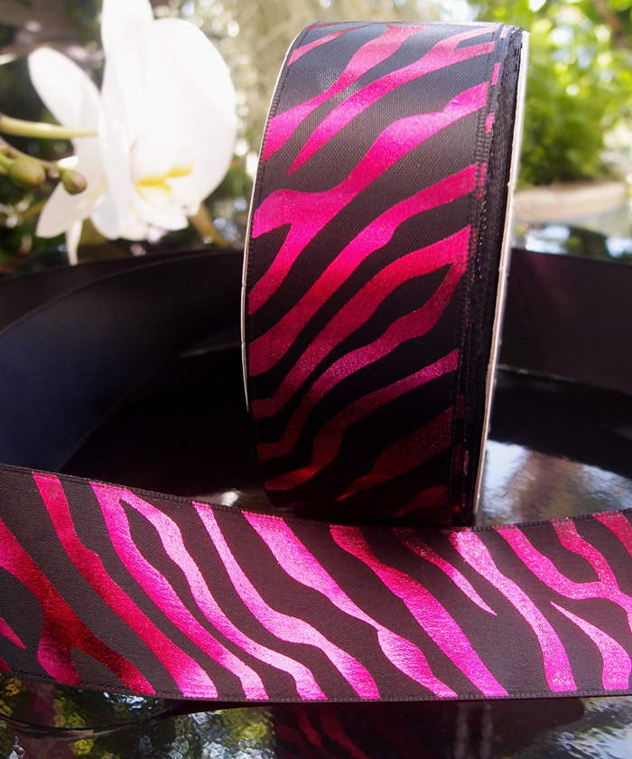 Fuchsia Metallic Zebra Print on Black Satin Ribbon