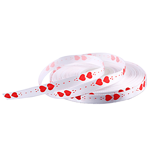 White Satin Ribbon with Red Hearts - 3/8" x 50y