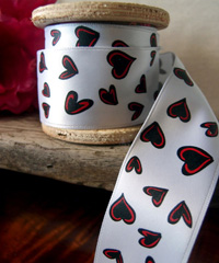 White Satin Ribbon with Black and Red Hearts