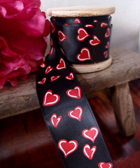 Black Satin Ribbon with Red and White Hearts