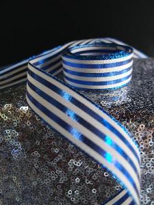 Blue & Ivory Metallic Striped Ribbon - 7/8" x 25 yards