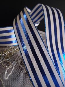 Blue & Ivory Metallic Striped Ribbon - 1 1/2" x 25 yards