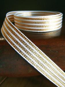 Metallic Gold & White Seersucker Striped Grosgrain Ribbon 5/8" - 5/8" x 25Y