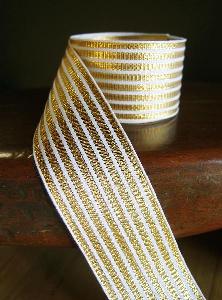 Metallic Gold & White Seersucker Striped Grosgrain Ribbon 1 1/2"  - 1 1/2" x 25Y
